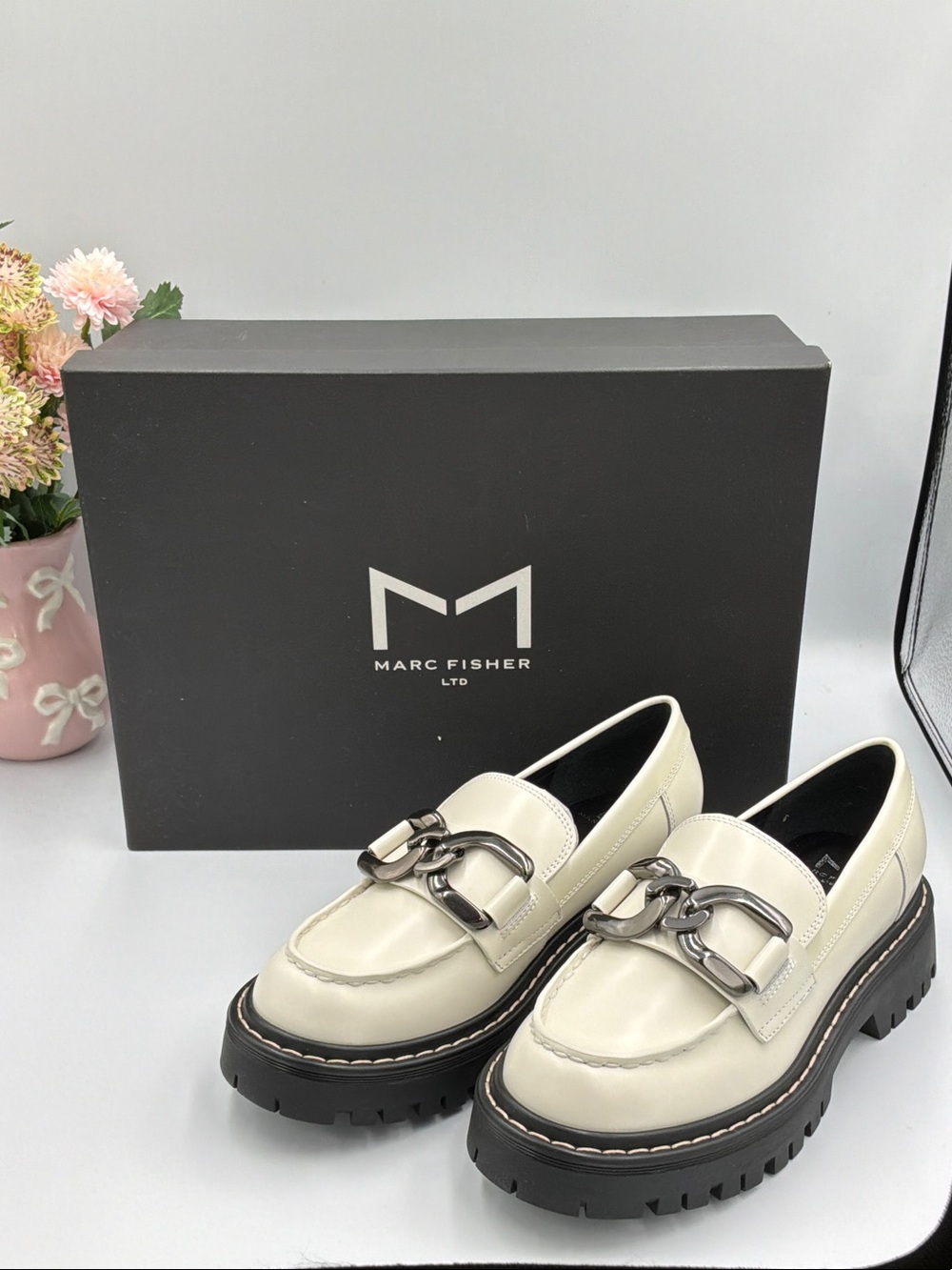 Marc Fisher Cream Leather Lug-Soled Loafers with Silver Chain